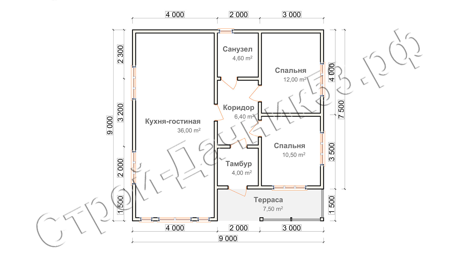 Проект каркасно-щитового дома Д–29, план 1-го этажа